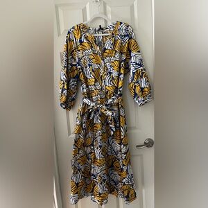 Talbots POPLIN SHIRTDRESS - COLORBLOCK LEAVES Navy, White, Gold Cotton Size 16